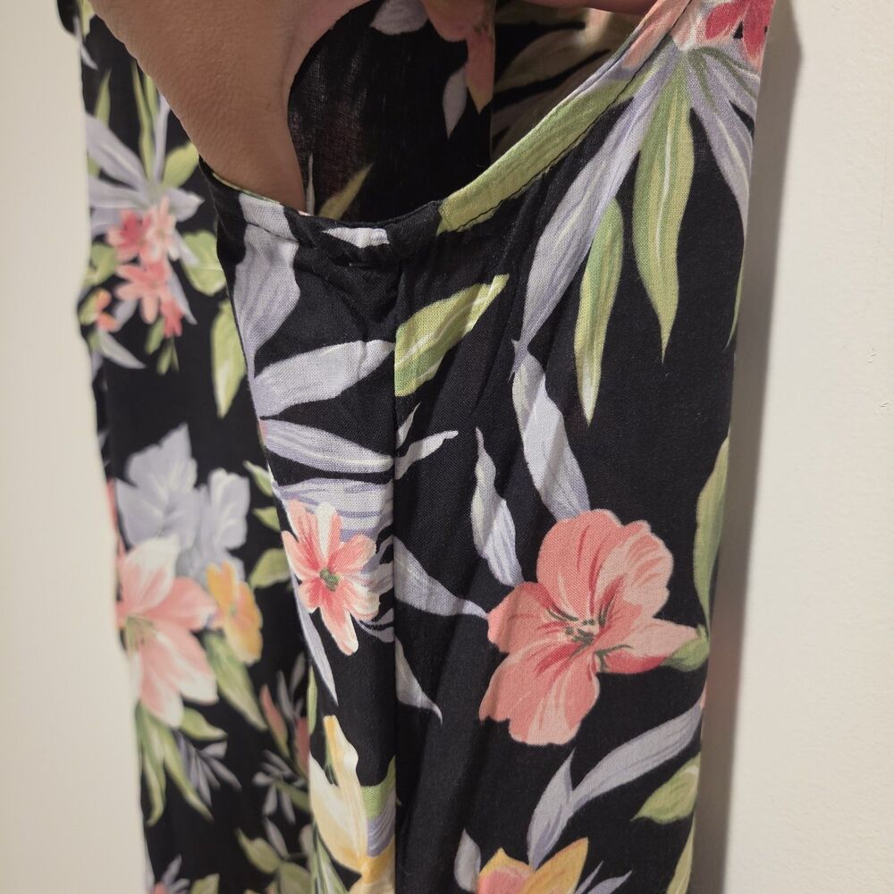 Vintage Floral Shift Dress L Black Sleeveless Midi Rayon Woven Pullover Tropical - Picture 8 of 8